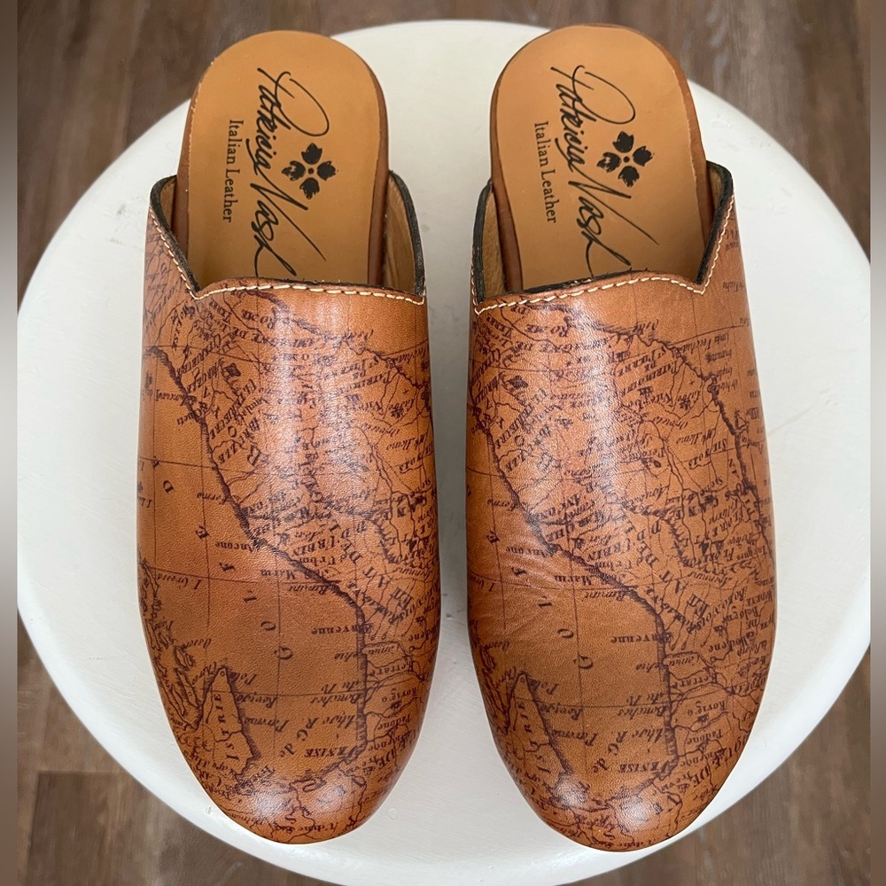 Patricia Nash Brown Map-Print Leather Slip-On Mules